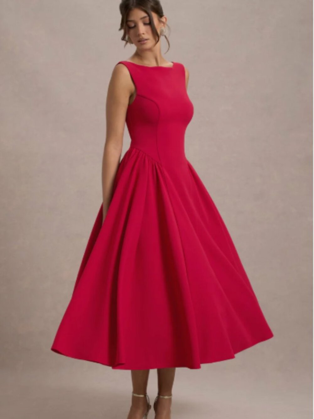 Club London L MURIEL red Boat-Neck Volume-Hem Midi Dress red 6 small sleeveless
